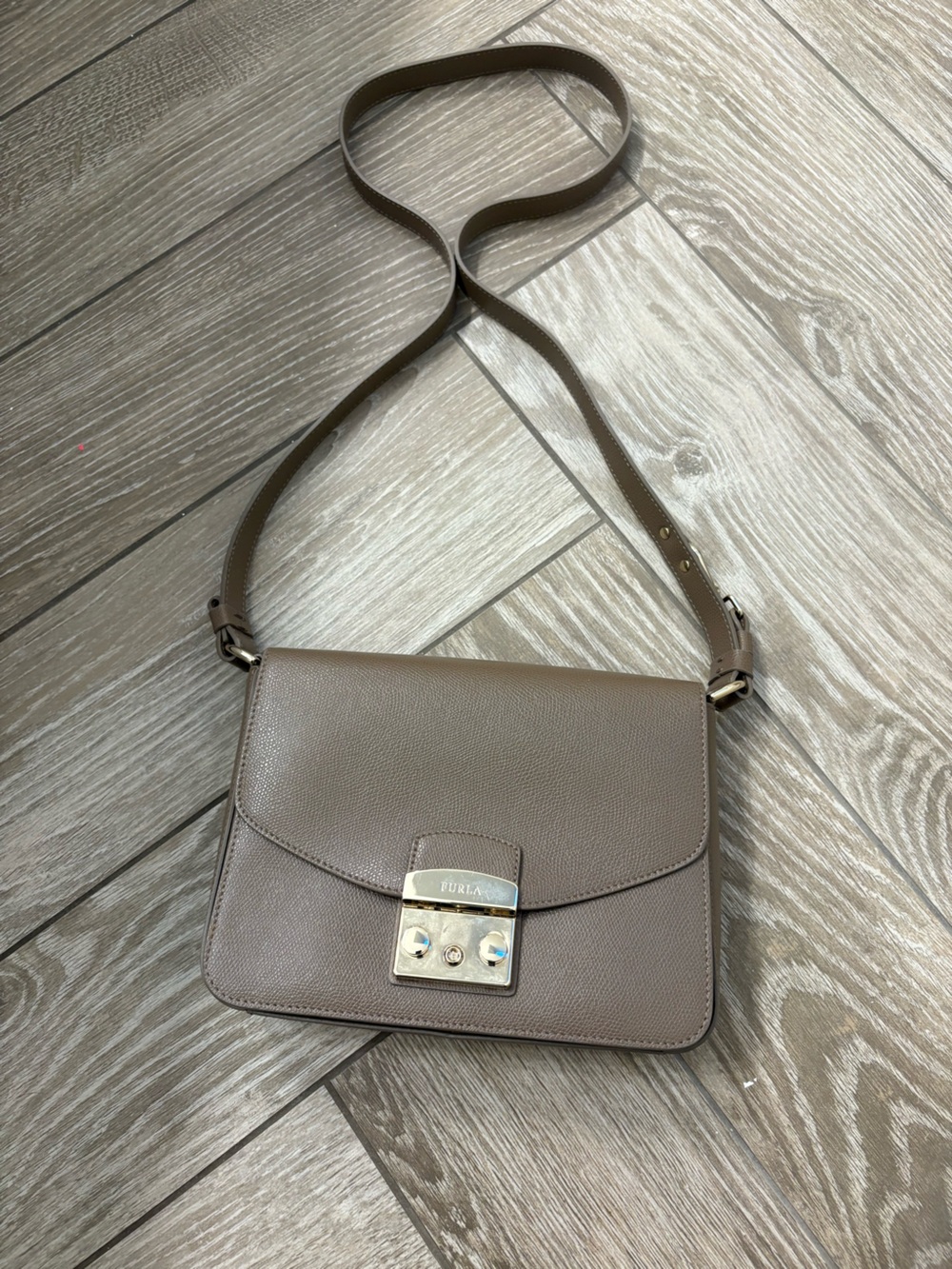 Furla Taupe/Beige Leather Crossbody with Gold-Tone Lock